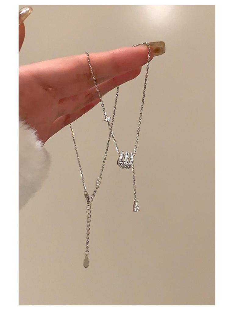 S925 Sterling Silver Snake Necklace with Water Drop Tassel & Inlaid Diamonds - Women's Versatile Clavicle Chain