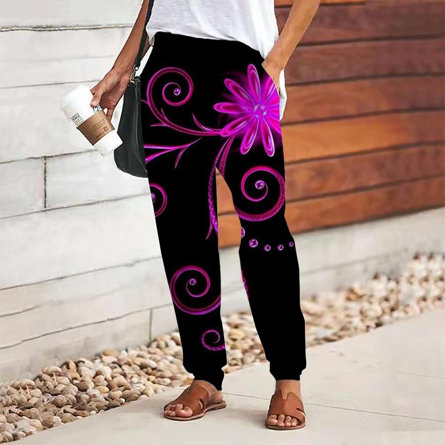 Women Retro Printing Pants Lace Up Elastic Waist Loose  Trousers Casual Long Pants Trousers with Pockets