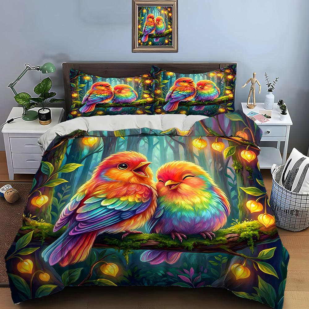 Colorful Birds with Glowing Leaves Bedding Set for Kids Luxury Gift 3pcs Digital Print Comforter Set Soft Comfortable Breathable