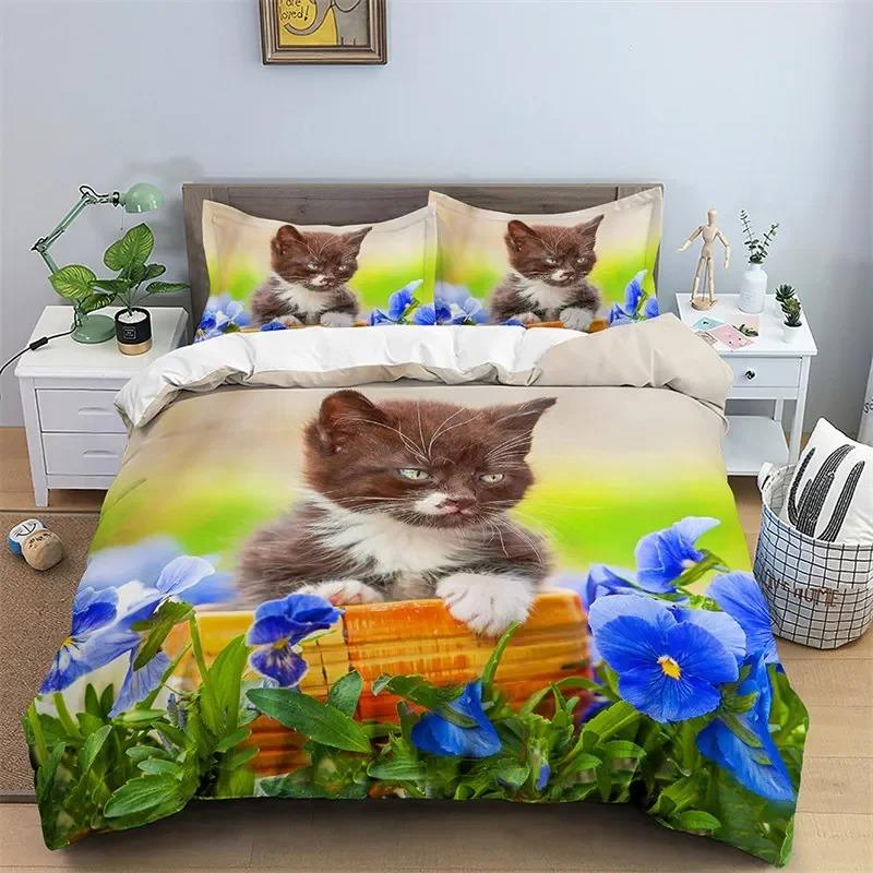 3D Cat Print Duvet Cover Floral Bedding Set Twin Full For Kids Girls Boys Room Luxury Microfiber Quilt Cover