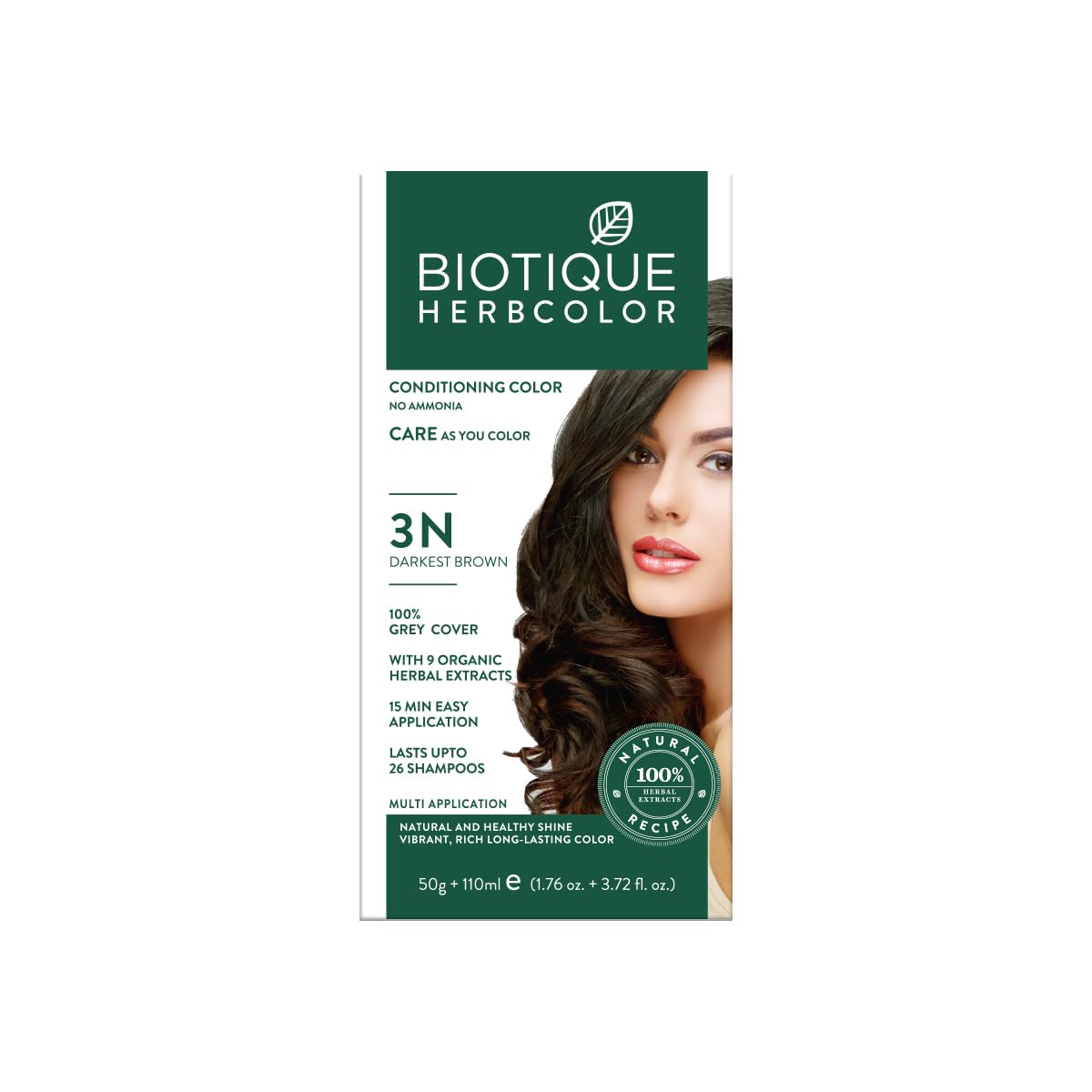 

Biotique Ammonia Free Hair Color Darkest Brown 3N 50g + 110ml Organic Herbal Extracts Natural Shine Grey Coverage