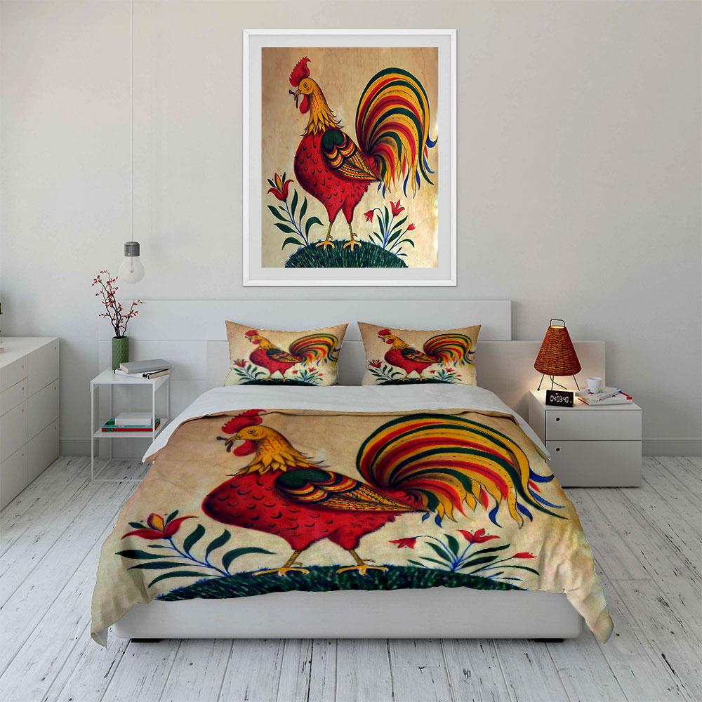 Colorful rooster with flowers. Bedding sets Duvet cover sets Duvet covers Pillowcases(1* Duvet Cover 2* Pillowcases without duvet insert)