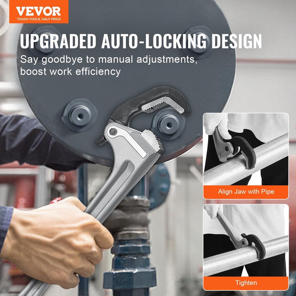Aluminum Straight Pipe Wrench 18 in Automatic Jaw Adjustment 60CRV Jaw