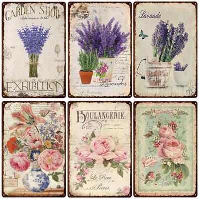 Rustykalny Styl Kwiatowa Tabliczka Metalowa Puszka Znak Lawenda Róża Retro Talerze Plakat do Salonu Domowego Ogrodu Dekoracja Ścienna 20x30cm
