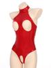 Womens Sexy Patent Leather Set Wet Look Crotchless Bodysuit with Zipper Flared Skirt Night Club Wear