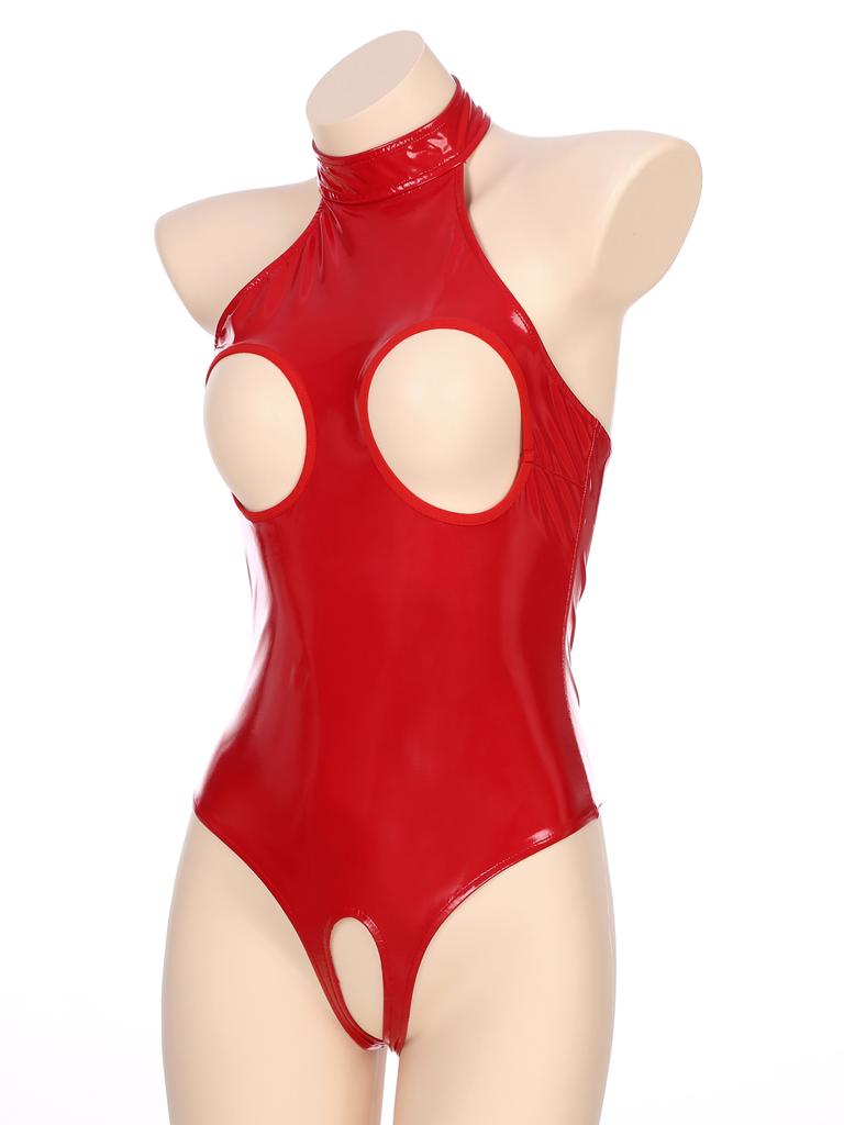 Dámská sexy lakovaná souprava mokrého vzhledu body bez rozkroku se zipem, rozšířená sukně, noční klub