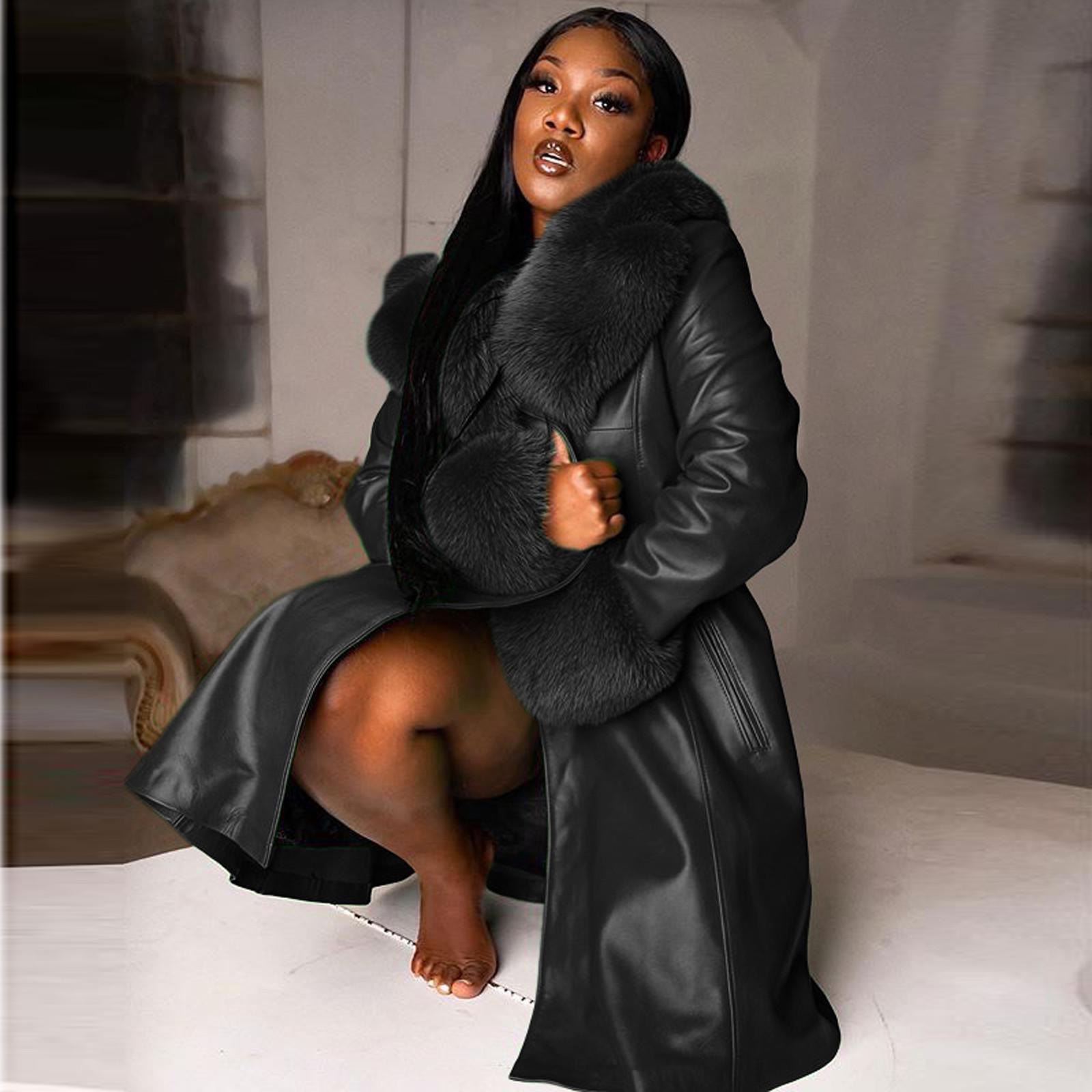 

Женское кожаное пальто с воротником, зимняя мода, лацкан с длинным рукавом на молнии, повседневные куртки больших размеров, пальто M чёрный
