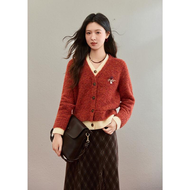 Women s Festive Retro Red Faux Two-Piece Wool Blend Knit Cardigan S