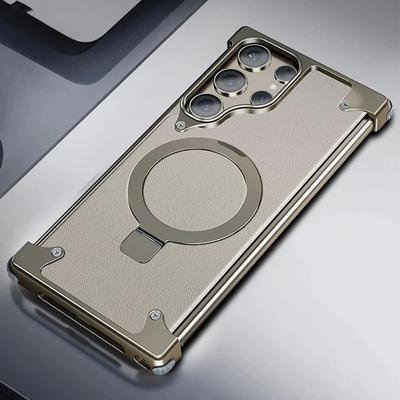 Luxury Metal Corner Pad Frameless Phone Case For Samsung Galaxy S24 S23 Ultra PC Backboard Magsafe Magnetic Ring Holder Leather Cover