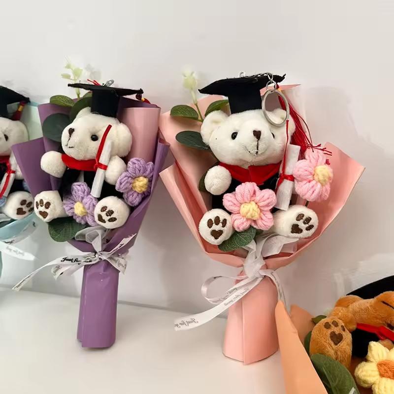 Mini Dr Bear Flower Bouquet Artificial Flowers Mother'S Day Gift Flowers Handmade Knitting Flower For Graduation Birthday Decor