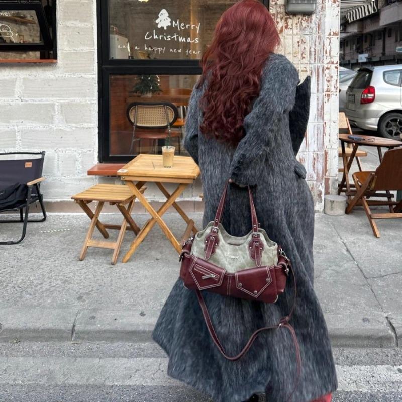 New niche retro contrasting color shoulder bag denim splicing underarm handbag fashion trend messenger bag women