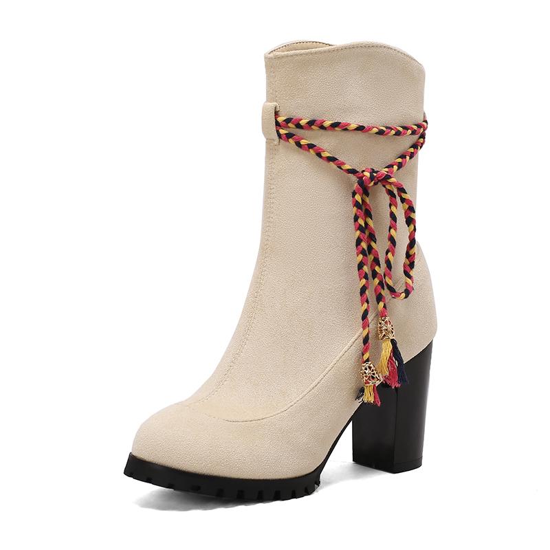 Plus Oversize 47 48 49 Autumn Winter Flock Ankle Booties Women Round Toe Platform Braided Rope High Heels Zipper Knee High Boots