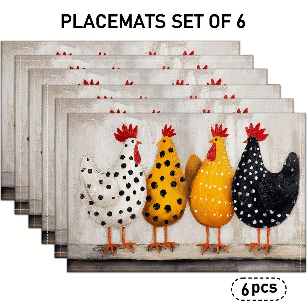 Set of 4/6 Vintage Cartoon Rooster Placemats, Hand-Painted in a Cute Cartoon Style with Polka Dots, Suitable for Festive Kitchen Table Decor, Everyday