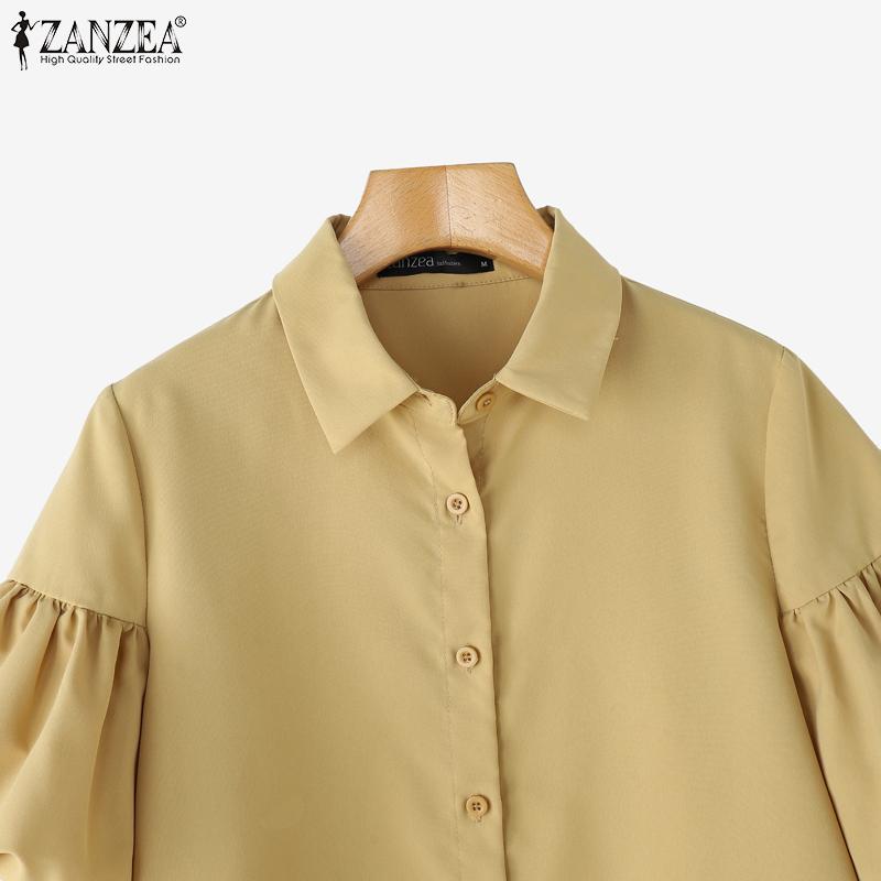 ZANZEA Women Summer Turn Down Collar Puff Short Sleeve Blouse