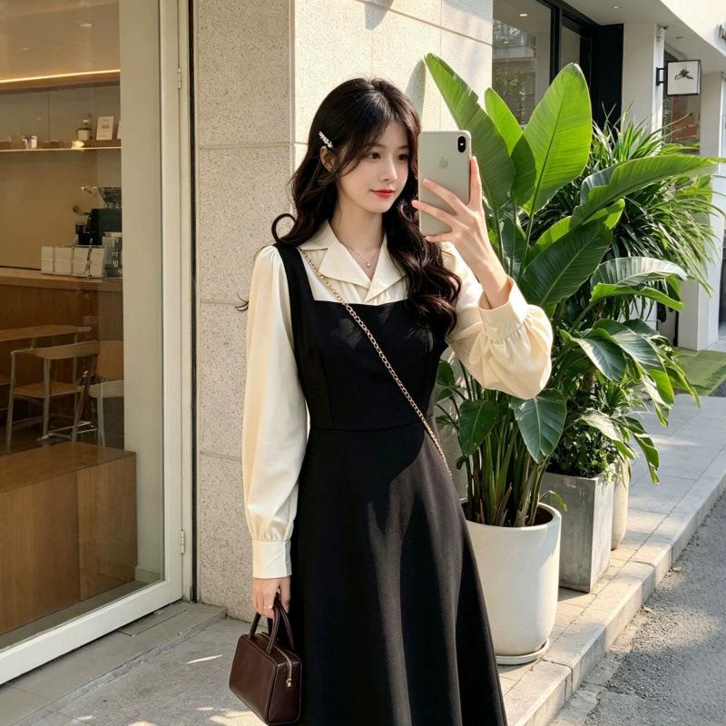 Autumn wear new long-sleeved dress women's splicing fake two simple schoolgirl French niche skirt