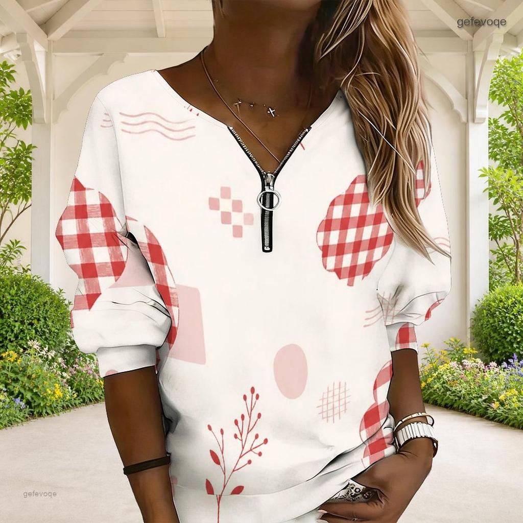 Women Plus Size Abstract Printed V Neck Front Zip Long Sleeve Sweatshirt With Ribbed Cuffs