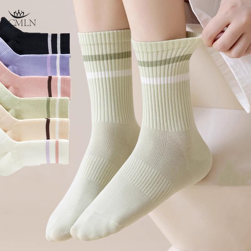 Cotton Women's Mid-calf Socks Girls Ladies' Parallel Bar Striped Casual Sports Socks