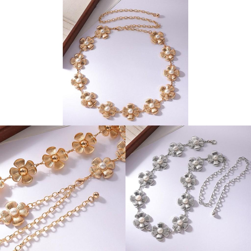 Floral Pearl Metal Waist Chain With Carved Flower Design For Women Spring Summer Fashion