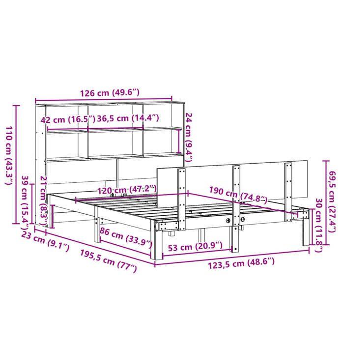 VidaXL Lit bibliothèque sans matelas 120x190 cm bois de pin massif 3322654