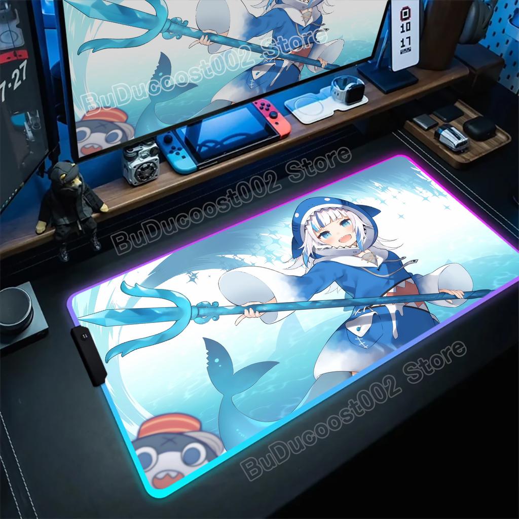 Hololive Gawr Gura RGB Mouse Pad Glowing Large Computer Mouse Pad Accessories XXL Pc Gamer HD Non-slip Deskmat Mousepad Keyboard