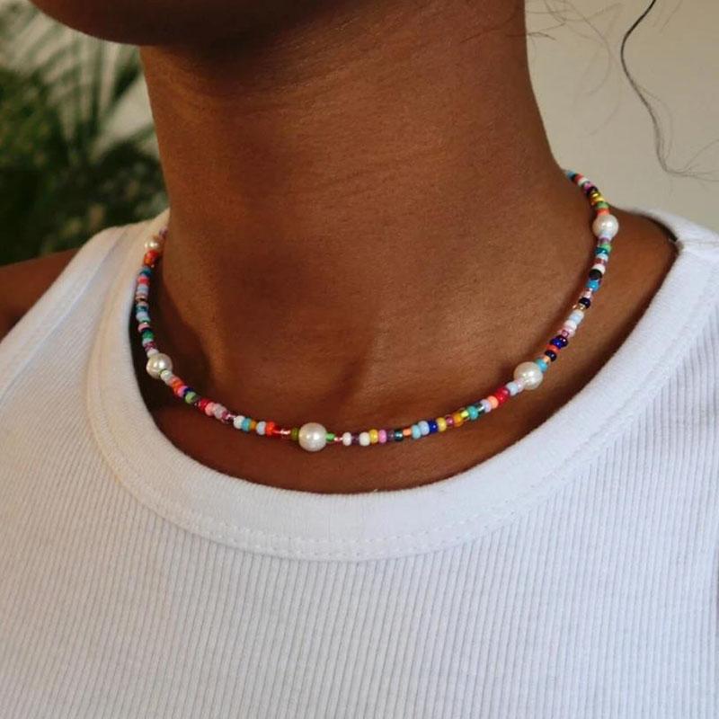 YWZIXLN Bohemian Colorful Beads Chain Fashion Necklaces White Heart Pendant Jewelry For Women Valentine's  Accessories N0463