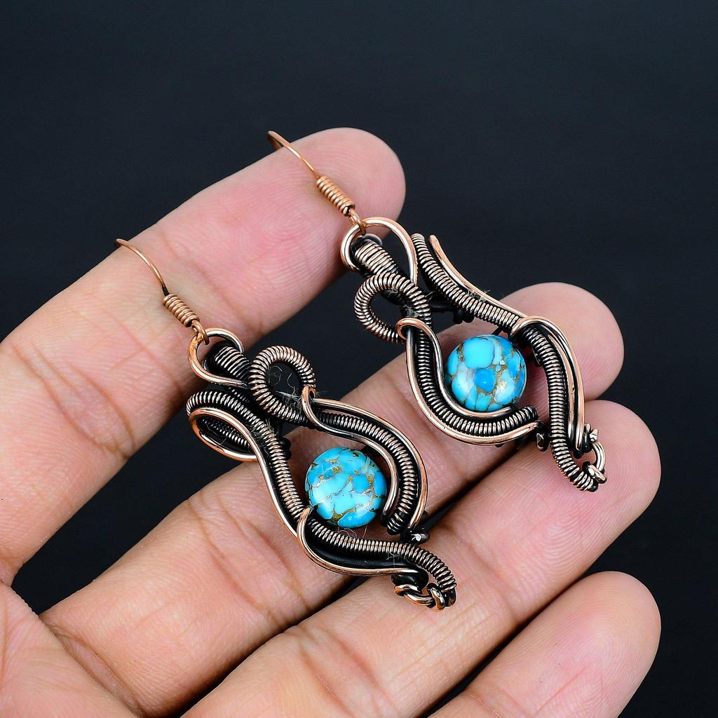 Blue Copper Turquoise Handmade Gemstone Earrings,  999 Copper Wire Wrap Earrings Antique Jewelry, For Engagement Gift