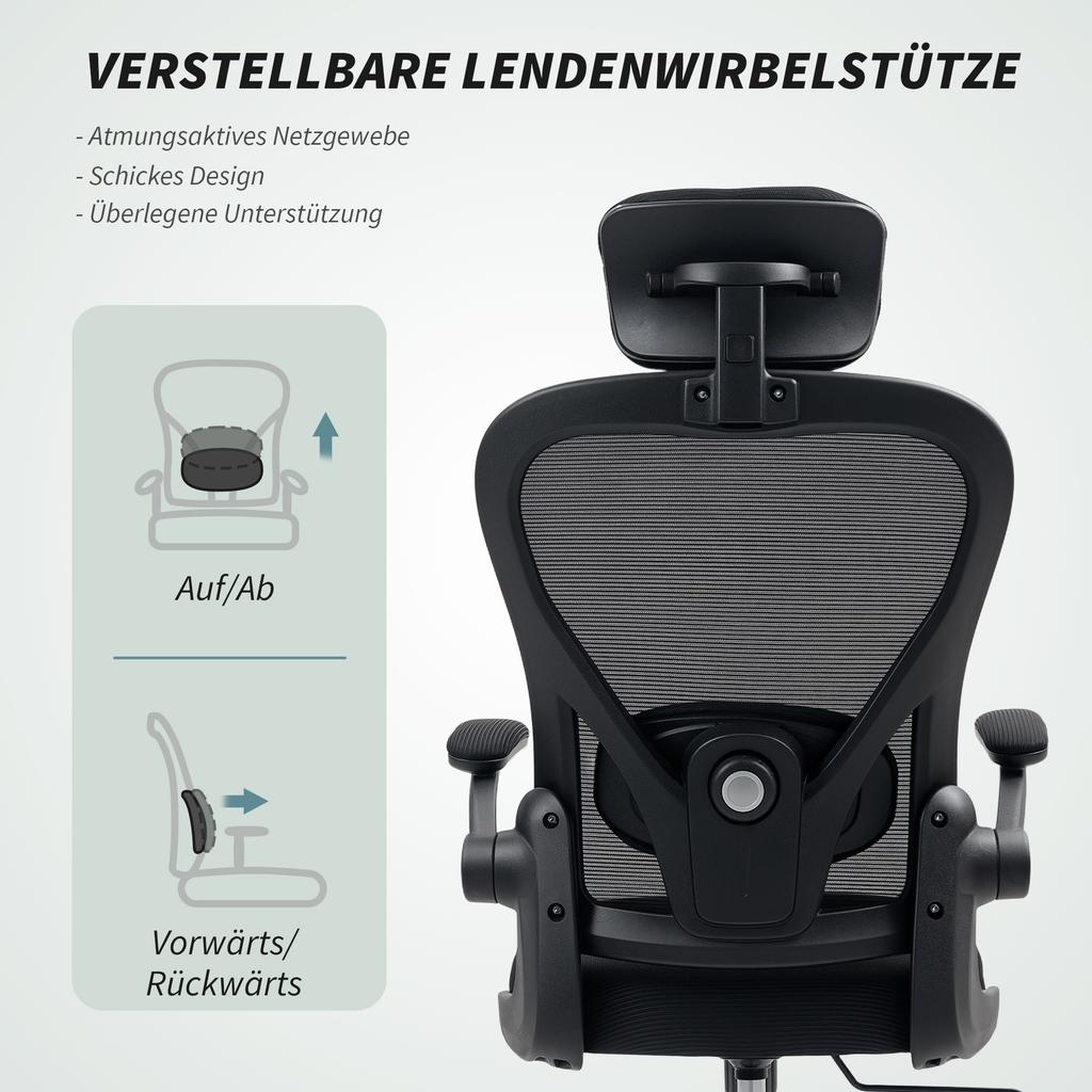 Office Chair, Ergonomic Desk Chair with Flip-Up Armrests, Adjustable Lumbar Support, Black