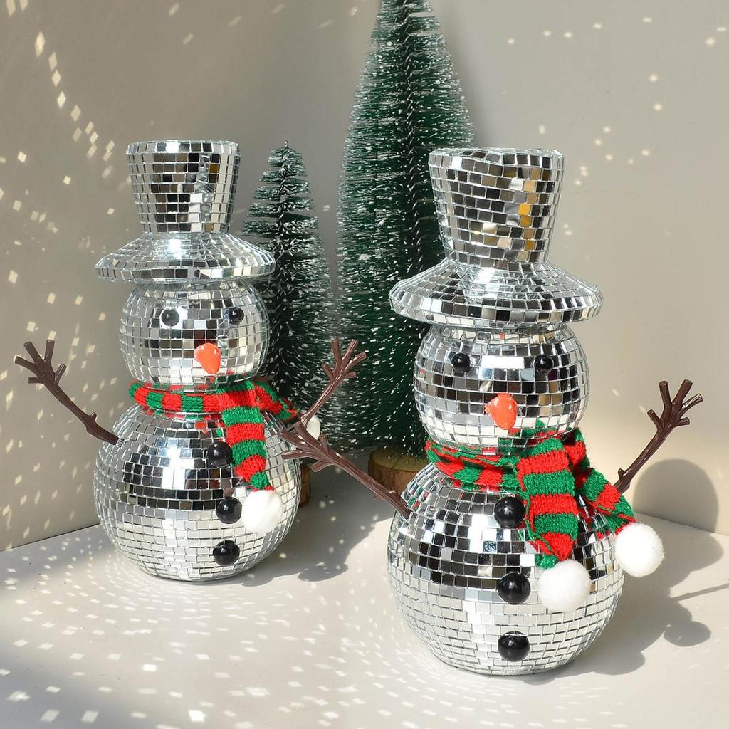 Disco Ball Reflective Christmas Snowman Statue with Knitting Scarf Hat Mirror Snowman Figurines for Dining Table Holiday