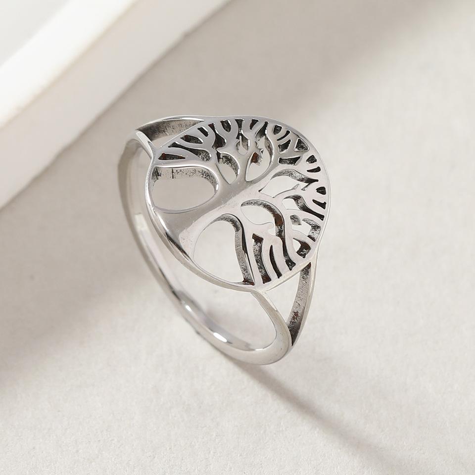 Creative Personality Stainless Steel Circle Hollowed-out Life Tree Couple Rings for Men Women Trendy Hip-hop Amulet Jewelry Gift