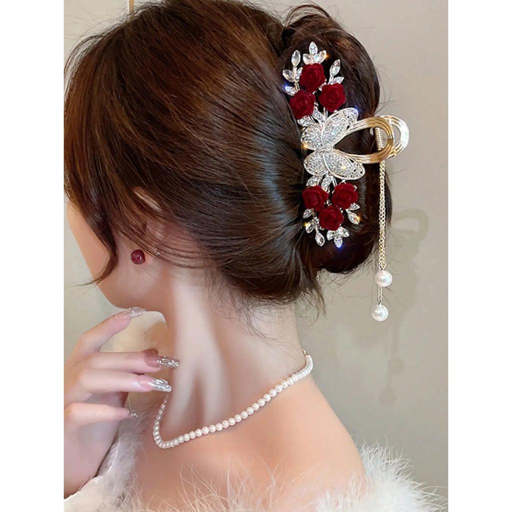 1 st Mode Diamantbesatta Fjäril Ros Tofs Hårklor För Kvinnor Håraccessoarer