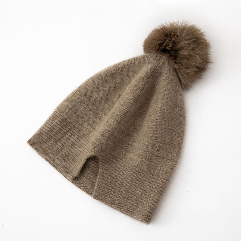 Cashmere Autumn and Winter New Style Women's High End Solid Color Striped Fur Ball Thickened Warm Fashion Knitted Casual Hat
