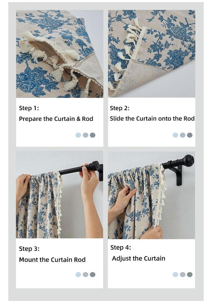 North American Style Cotton Linen Printed Curtains with Tassels, No-Drill Rod Pocket for Balcony or Bay Windows