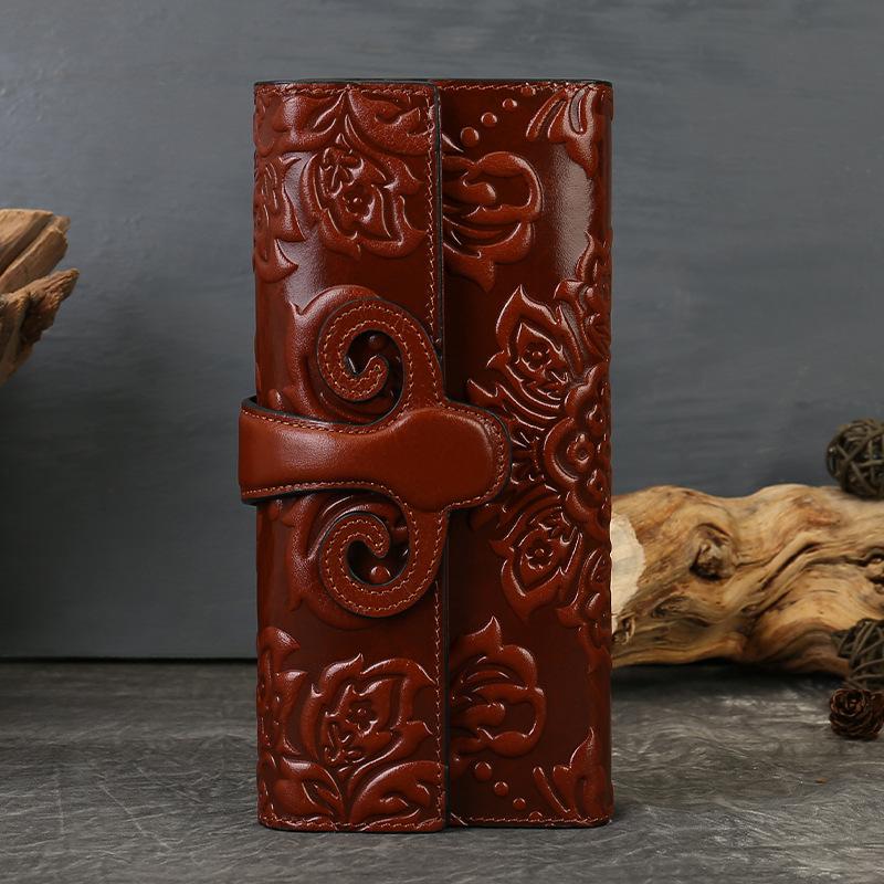 Genuine Leather Wallet, Horizontal Wallet, Multi-slot, Retro Bag, Embossed Wallet, Chinese-style Clutch
