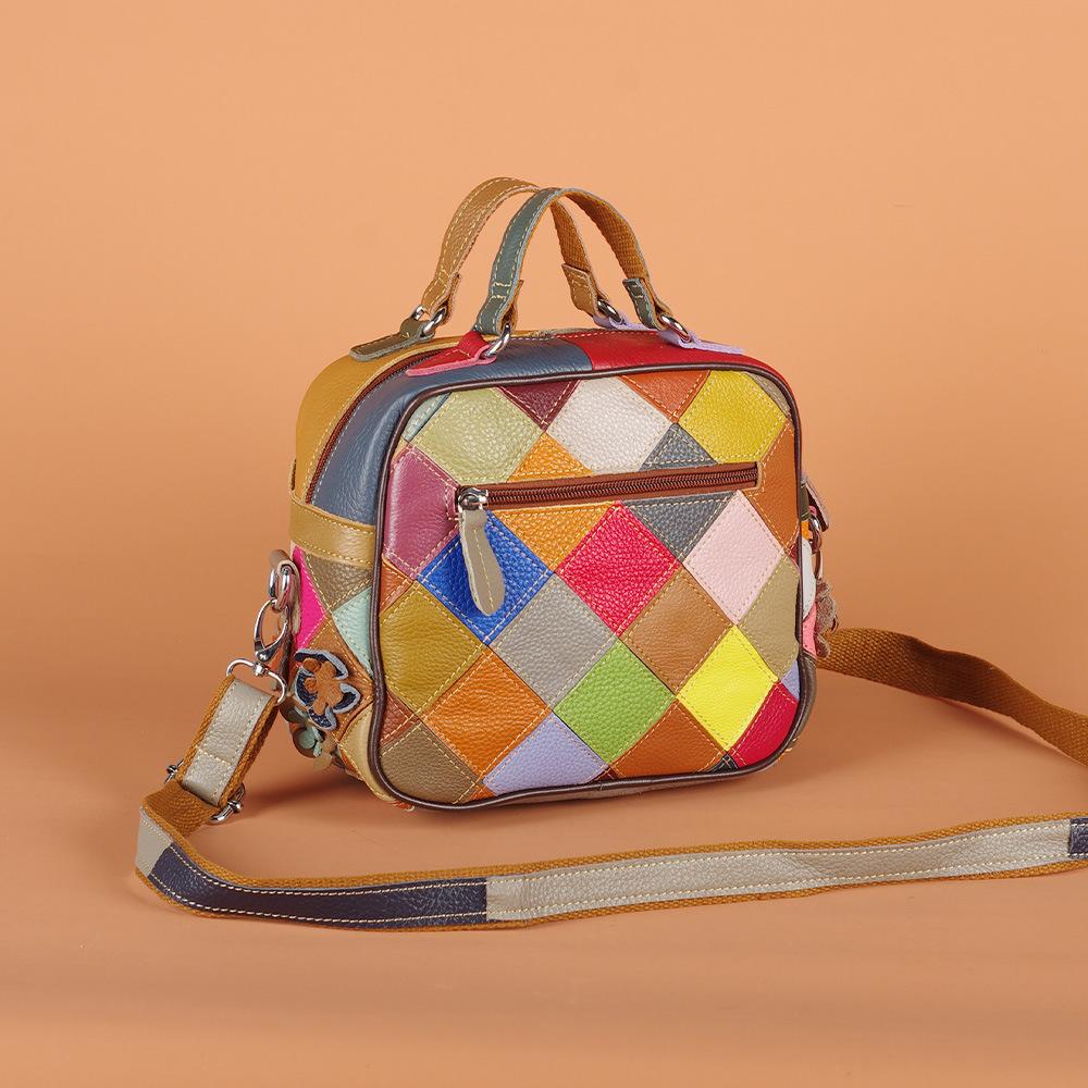 Wind Leather Handbag Messenger Bag Hand-Spliced Flower Women'S Bag Colored Rhombus Leather Small Square Bag Women'S Bag