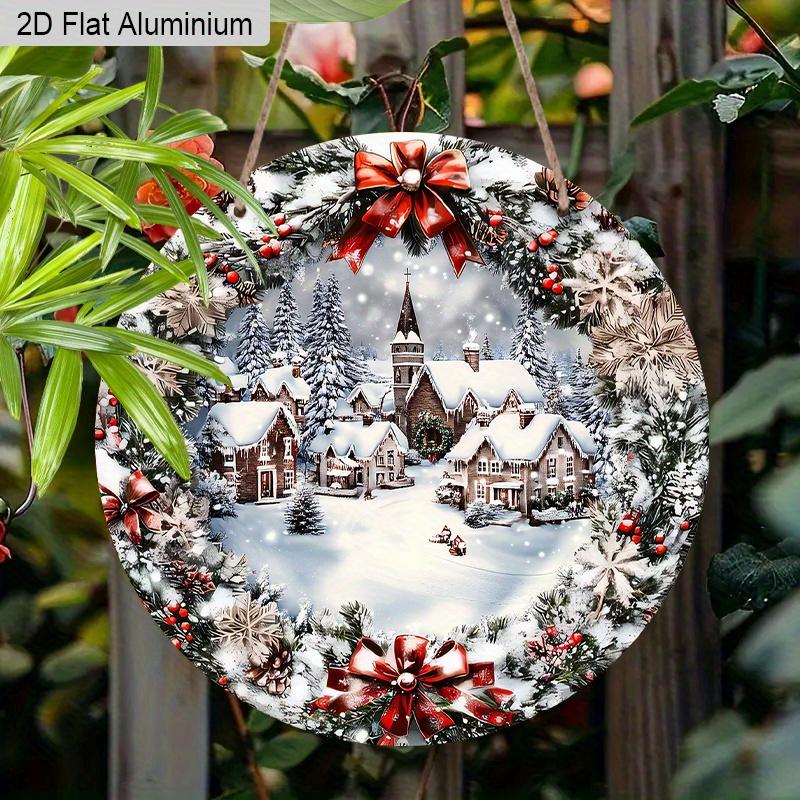 2D Flaches Aluminium-Weihnachtsschild mit Schneemannhaus-Muster - Weihnachtsfiguren-Anhänger - Ideal für Haustür, Wand, Veranda, Fensterdekoration - Ideal