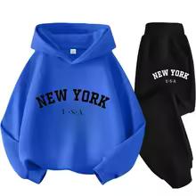 Herbst Warm New York Letter Cool Grafikdruck Kinder Langarm Hoodie + Hose Anzug 2er Set Sweatshirt Junge Mädchen Kind Sportbekleidung
