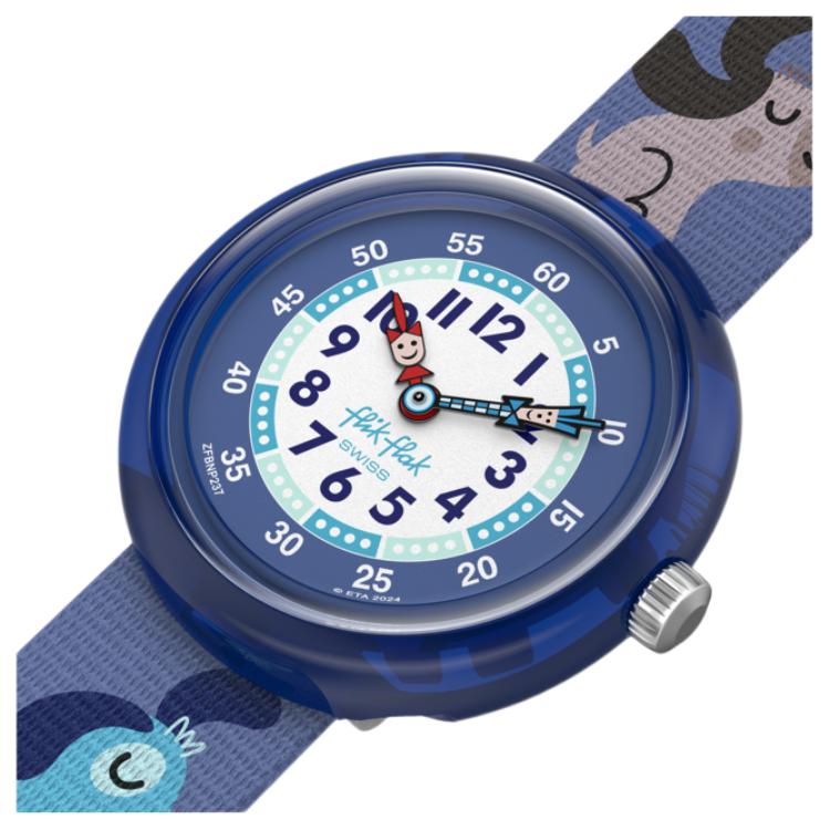 Swatch Flik Flak Quarzuhr Kinderuhr 31,85 mm Blaues Zifferblatt Gehäuse aus biobasiertem Material Armband aus recyceltem PET ZFBNP237