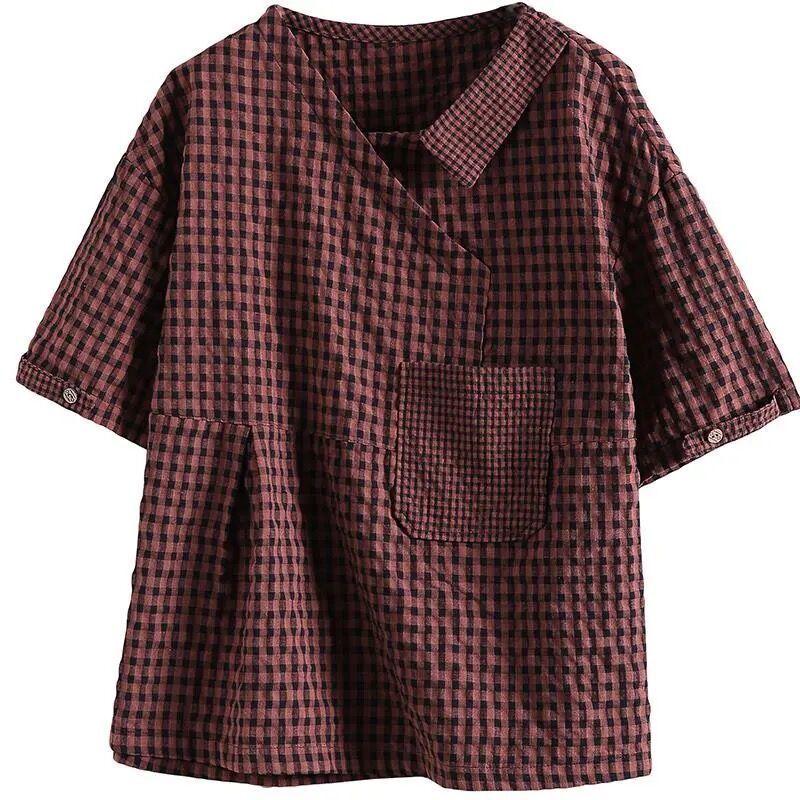Retro Artistic Top Summer Plaid Loose Women's T-shirt Versatile Fashionable Short Sleeved T-shirt