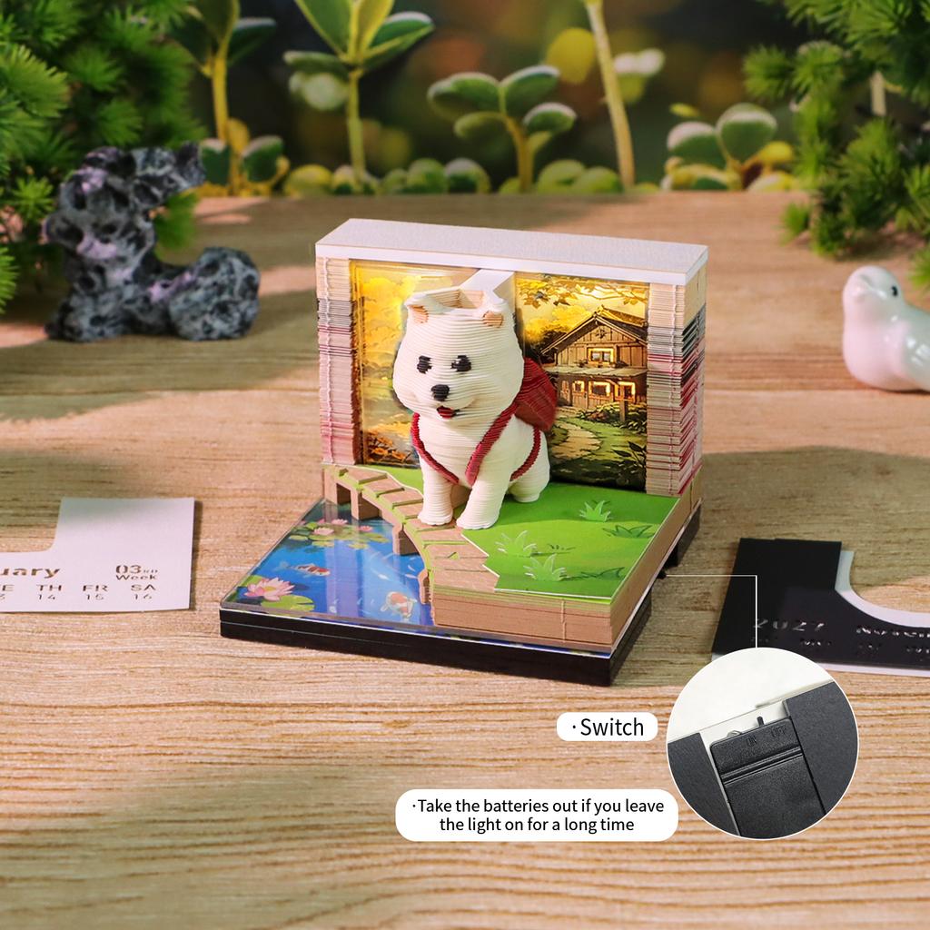 Abenteuerwelpe 3D Notizblock 2027 Kalender Reisender Hund Skulptur mit LED-Licht Ästhetische Schreibtischdekoration Haustierliebhaber Geschenk Hülle