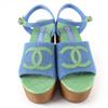 Excellent CHANEL Sandals COCO Mark Ankle Strap Wedge Heels Blue Women 35 G45555 Used