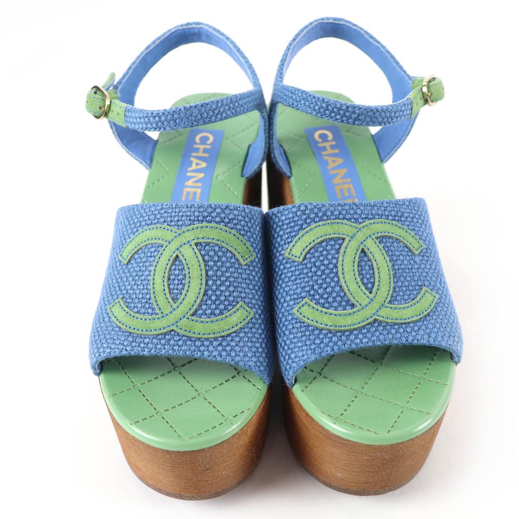 Excellent CHANEL Sandals COCO Mark Ankle Strap Wedge Heels Blue Women 35 G45555 Used
