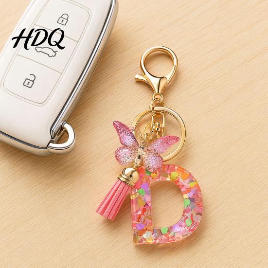 Compact Keychain Pink Series Pendant Sequins Heart Initial Letter Charm Key Chain