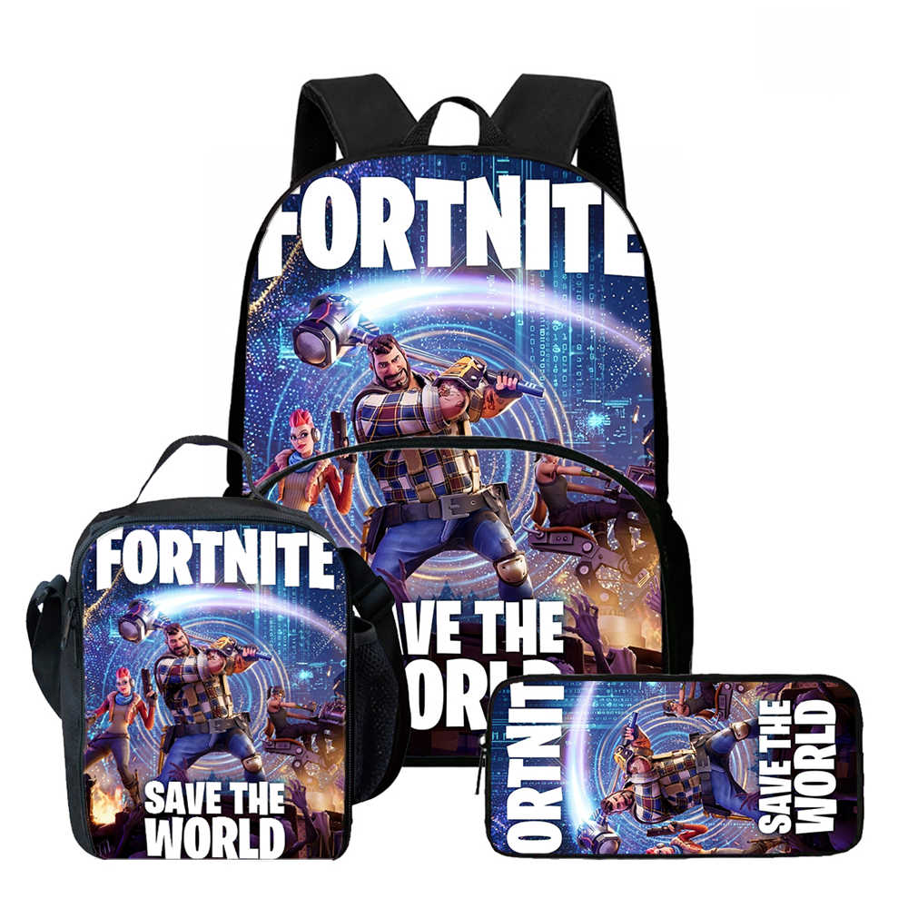 3Pcs Set School Backpack With Front Pocket & Lunch Bag & Pencil Bag,Fortnite Cartoon For Age 6-10,Lightweight For Boys & Girls