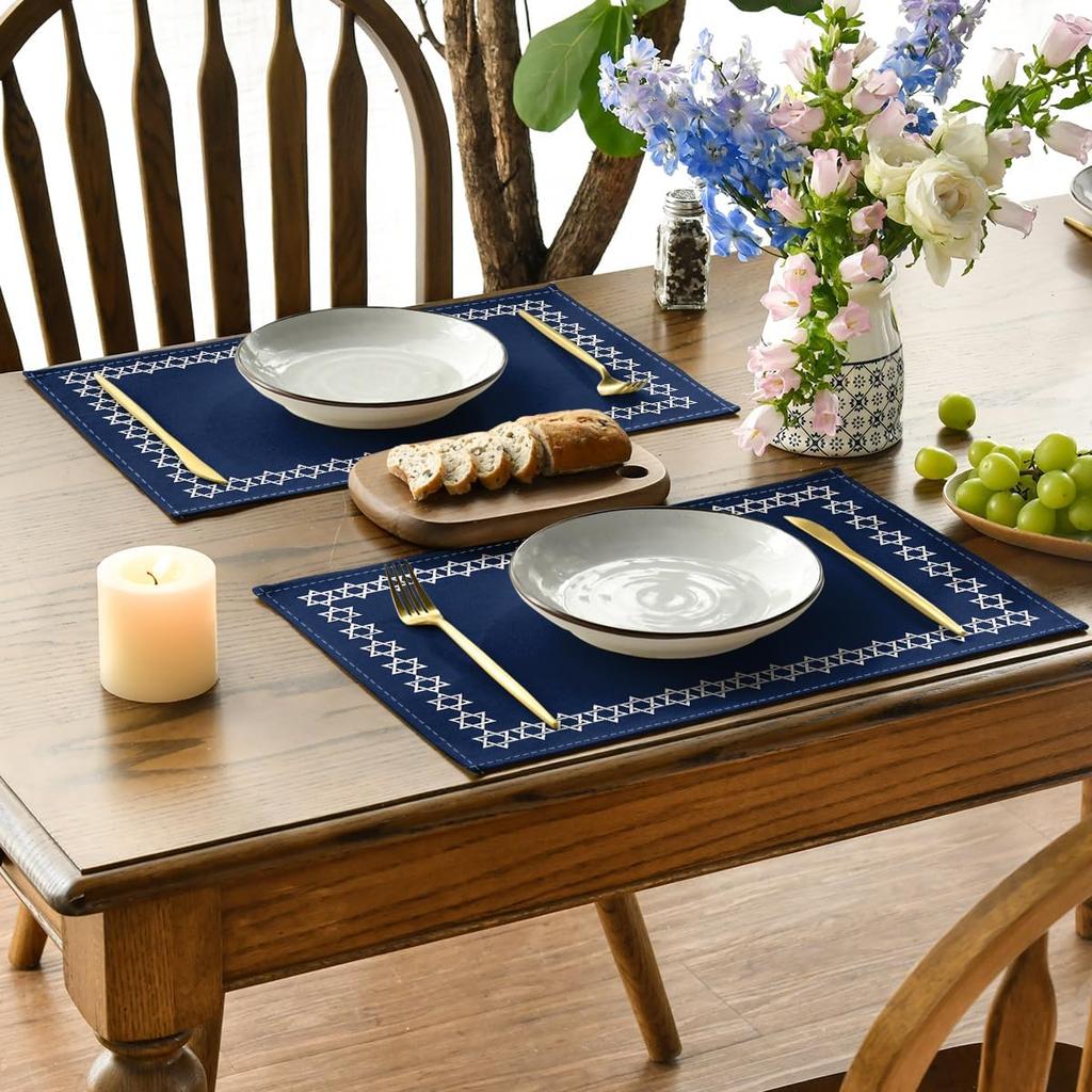 Artoid Mode Passover Hexagram Placemats Set of 4, 12x18 Inch Seasonal Star of David Je Chanukah Table Mats for Party Kitchen Dining Decoration