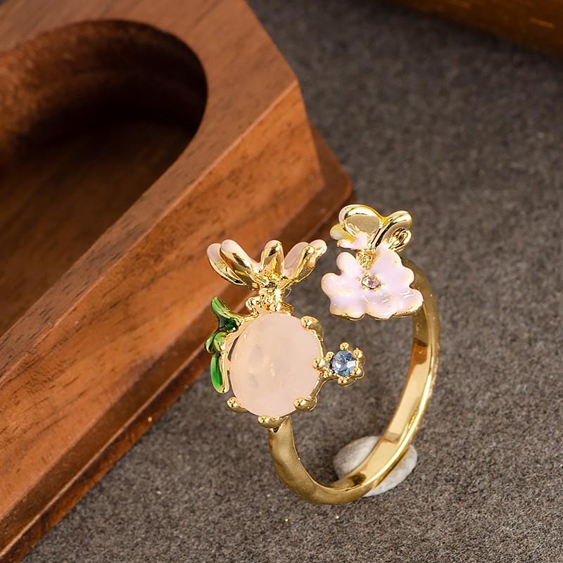 Adjustable Open Ring Women With Enamel Flower Design Zircon Accents Fashion OL Style Copper Jewelry