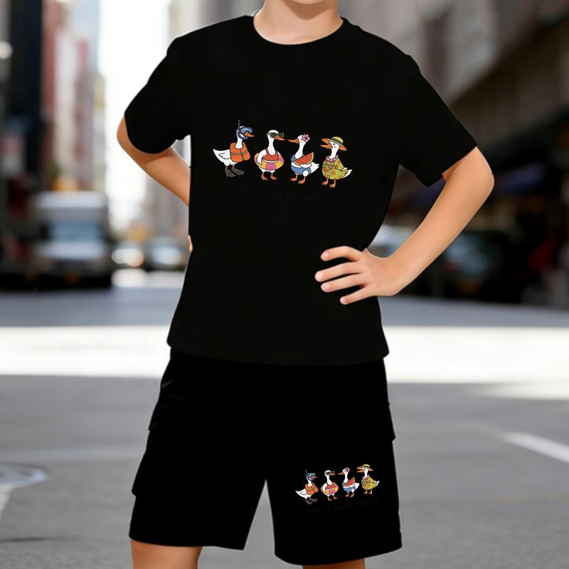 

Boys 2 Piece Vacation Goose Printed Outfit, Short Sleeve T-Shirt and Shorts Set for Kids Age 5-14,White Sporty Casual Summer Clothes 5-6 Years чёрный