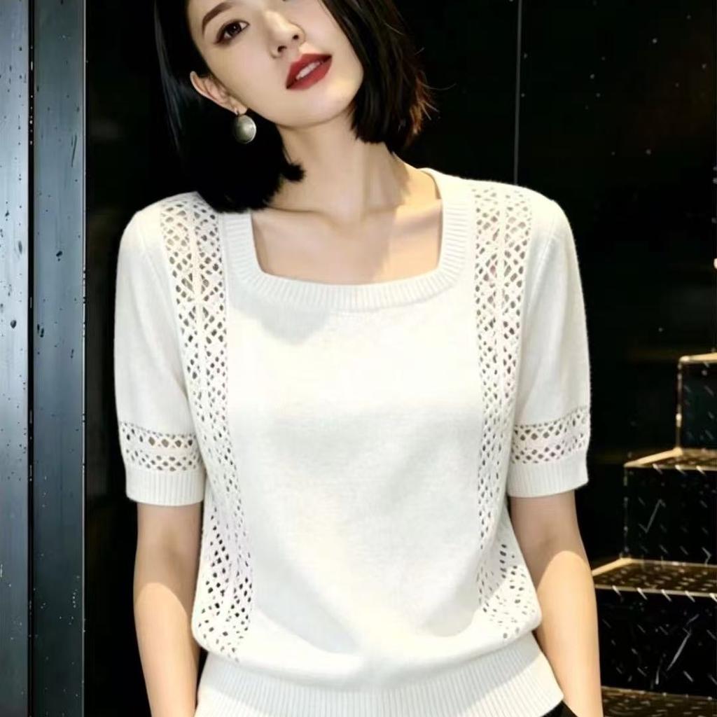 Summer New Style Open-front Design Trendy and Exclusive Blouse with Square Neckline and Knitted Short Sleeves for Women