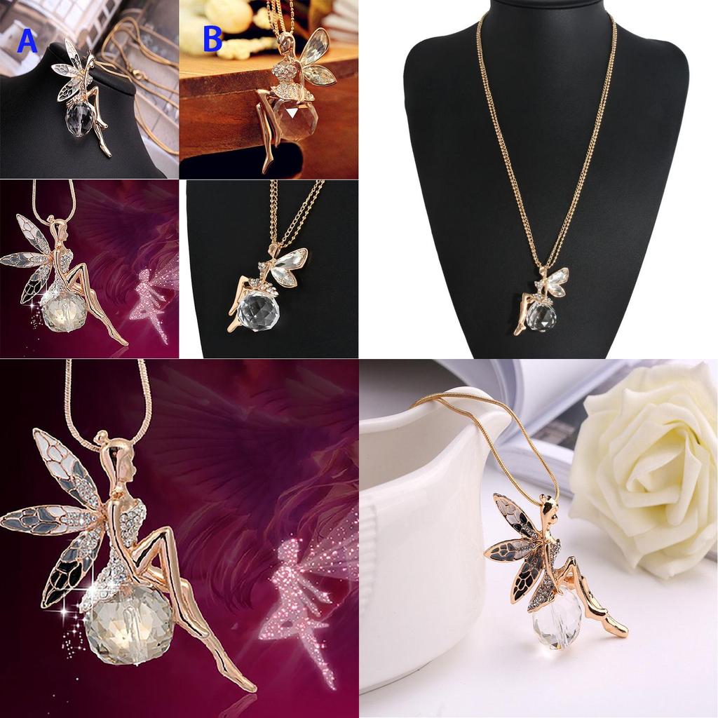 Elegant Fashion Women Crystal Fairy Angel Wing Pendant Long Chain Necklace Gift