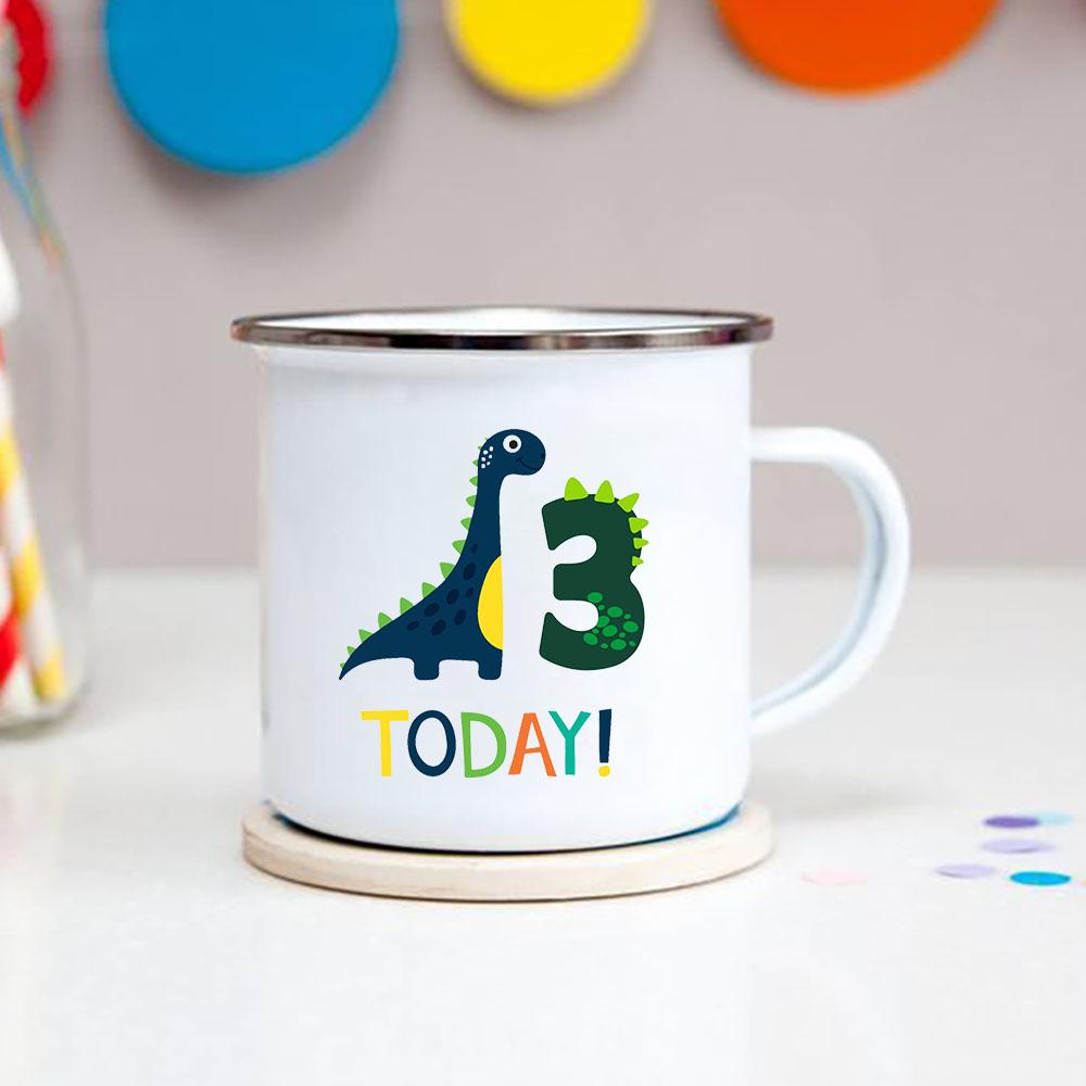 Number 1-9 Boys Dinosaur Enamel Mugs Creative Cartoon Animal Kids Dessert Juice Cola Cups Kindergarten Baby Child Birthday Gifts