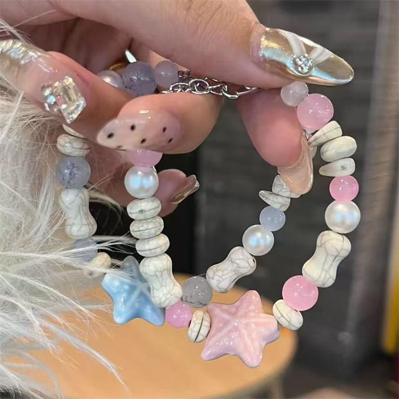 Korean Sweet Ceramic Starfish Bracelets for Women Girls Handmade Pink Blue Beaded Bracelet Aesthetic Y2K Jewelry Friendship Gift